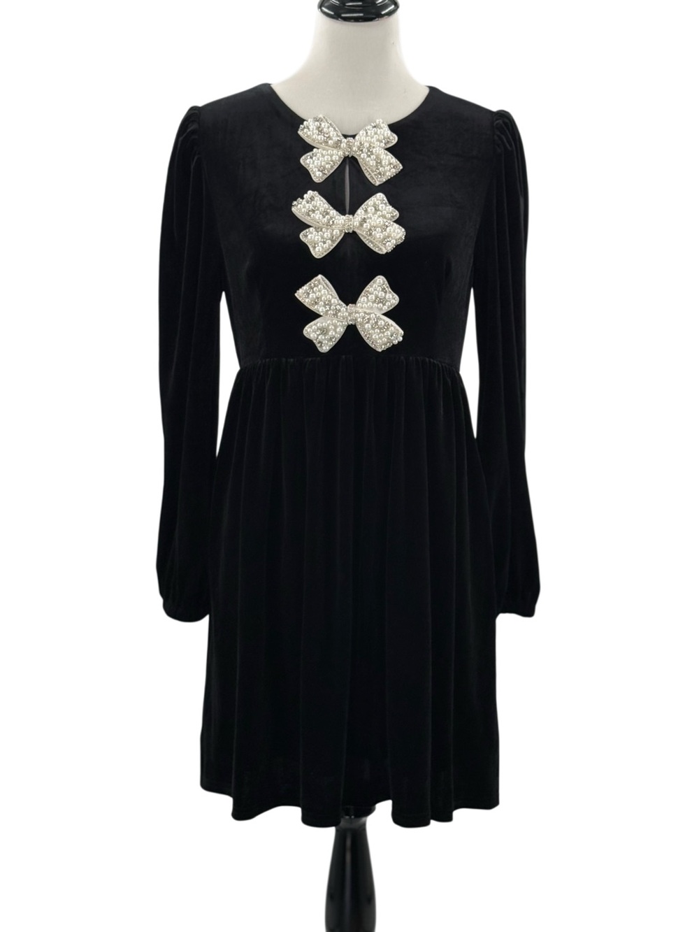 Sugarlips Black Velvet Pearl Rhinestone Bow Mini Dress Long Sleeve M NWT